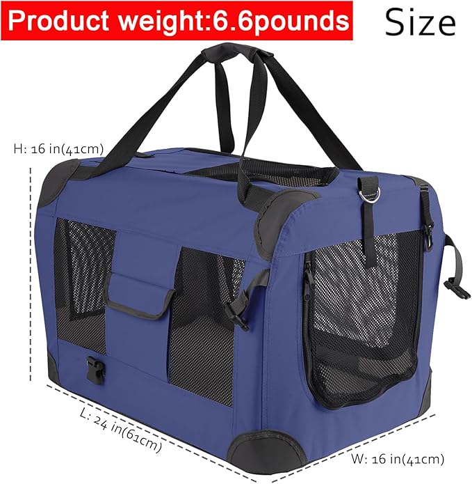 Pet Carrier for Cats and Dogs up to 25 lbs, Soft-Sided Collapsible Travel Crate, 24" L x 16" W x 16" H - Includes Removable Plush Blanket & Travel Bowl for Vet, Car, Home Use