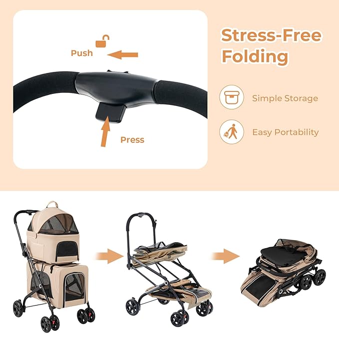 Giantex Double Dog Stroller for 2 Dogs, Detachable Carriers, Safety Belt, 4 Lockable Wheels, Pet Travel Carrier Strolling Cart, Folding Cat Stroller for Small Medium Pets Dogs (Beige)