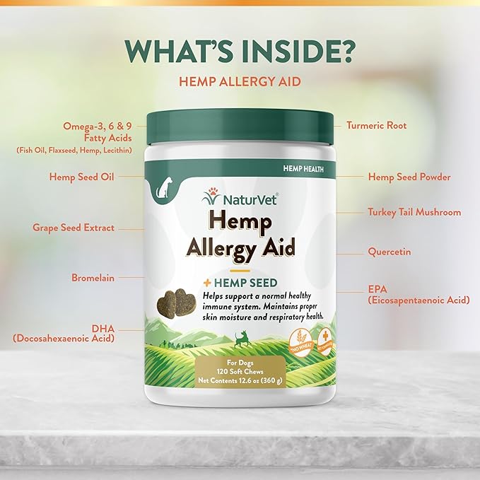 NaturVet Hemp Allergy Aid Supplement for Dogs, Hemp Seed, Antioxidants, Omegas, Dha & Epa for Healthy Skin & Respiratory Health, 120 Count