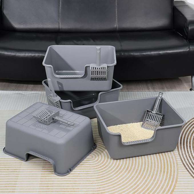 4-Pack Plastic Open Top Cat Litter Box, Cat Litter Box with High Sides, Grey