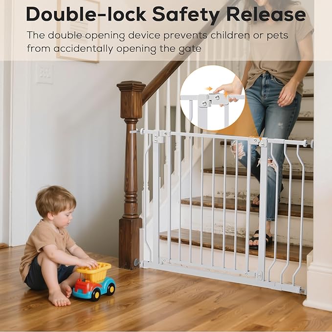 29-57" Baby Gate for Stairs, Baby Safety Essentials, Auto Close Gate for Doorways, Easy Install Pressure Mounted Dog Gate Indoor, Pet Gates for Dogs, White