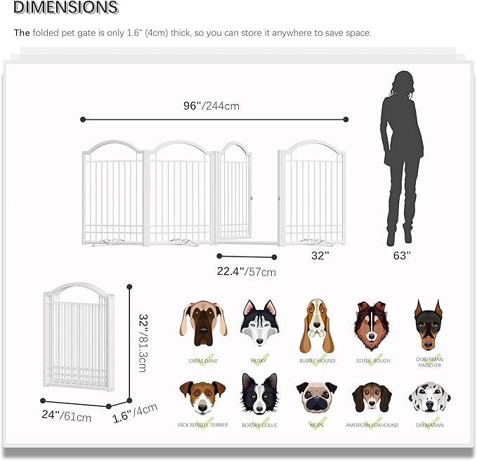 4NM Metal No Drilling Expandable Dog Gate, Extra Wide 96", Extra Tall 32" Free Standing Pet Gate with Door, Gates for Dogs Outdoor or Indoor, with 3PCS Support - White