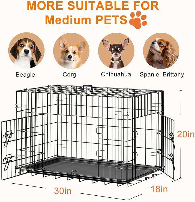 FDW 30inch Dog Crate Pet Cage with Metal Folding Design Plastic Tray Indoor Outdoor Dog Kennel Cage for Small and Medium Dogs,Black