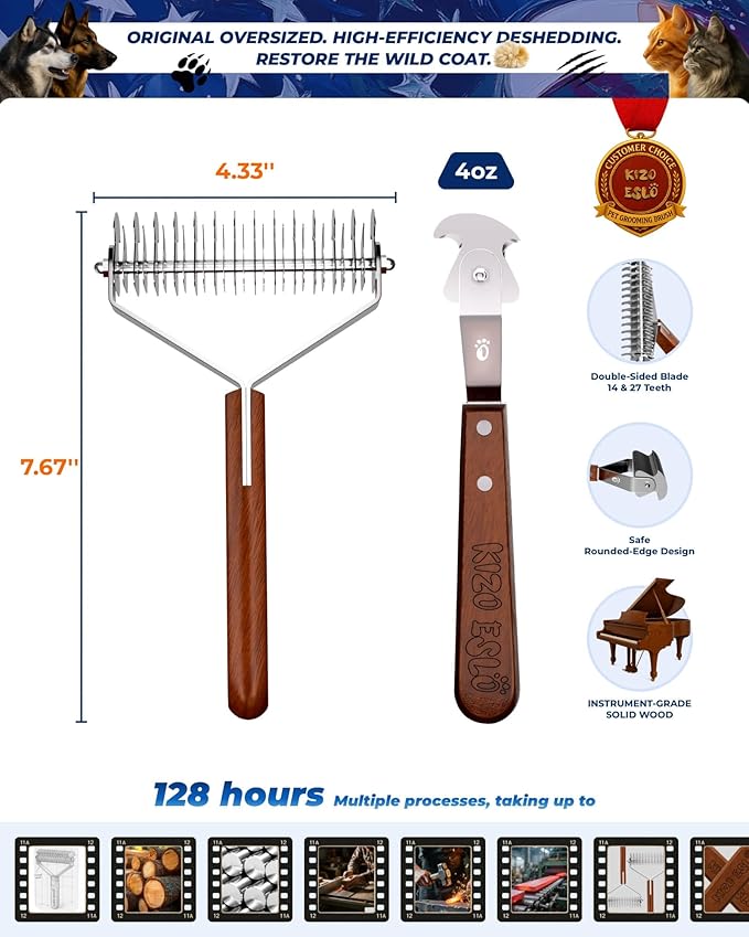 Extra Large 2-Sided Undercoat Rake for Dogs & Cats, Dog Brush for Shedding Remove Mats, Dematting Comb, Safe&Gentle Grooming Brush for German Shepherds Medium to Long-Haired Pets,Premium Wooden Handle