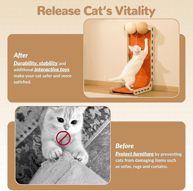 Cat Scratcher Felt Cat Scratch Pad for Cats with Sisal Balls Cat Scratching Board Large Scratchers for Indoor Adult Cat Scratching Furniture Protector Post Toy L Shape 28.4 Inch Orange