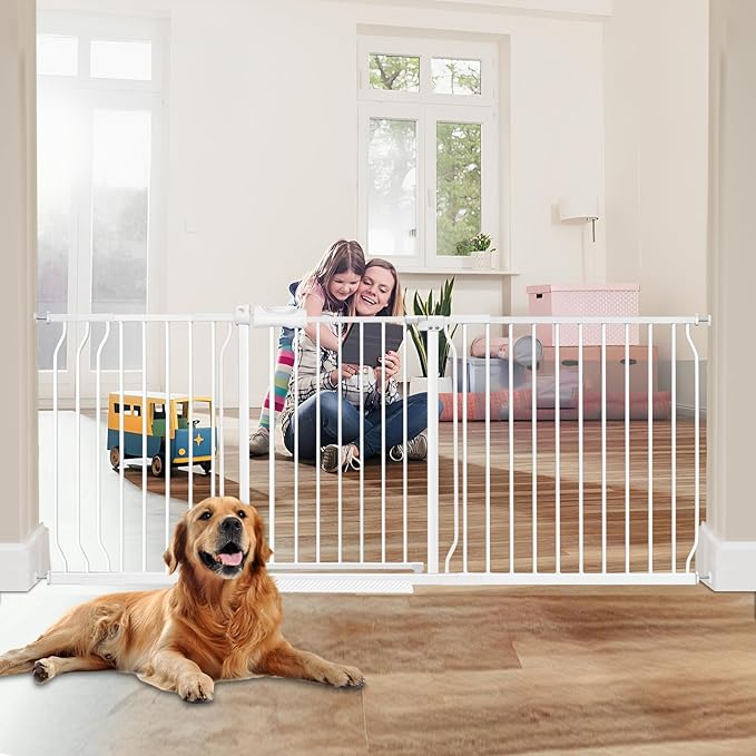 HOOEN 30" Tall Extra Wide Baby Gate for Doorways Stairs Large Long Dog Gates Pressure Mounted Indoor Safety Gates Walk Through Toddler Child Gates for Kids or Pets (White,76.38"-86.3")