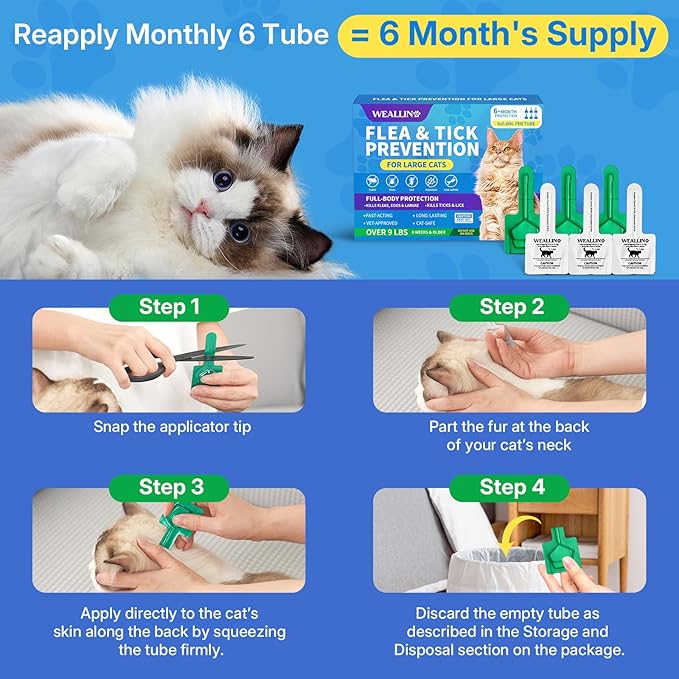 Flea and Tick Prevention for Large Cat, Fleas and Ticks Treatment for Cats Over 9 lbs, Topical Cat Flea Treatment, Fast-Acting & Long-Lasting Fleas Control for Cats, 6-Dose Supply