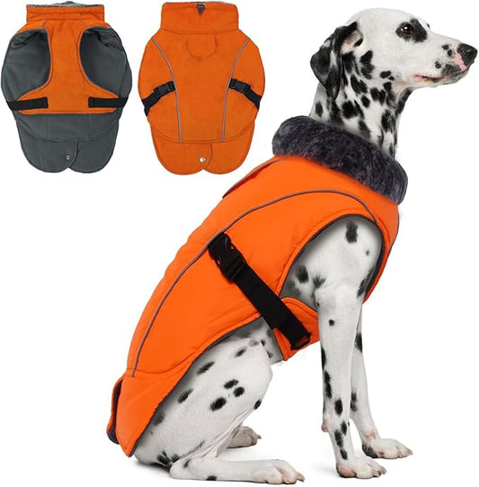 DENTRUN Dog Winter Coat - Windproof Reflective Jacket, Plush Turtleneck & Adjustable Belt, Water Repellent Fleece Lined Cold Weather Vest for Corgi Bulldog, Orange, L