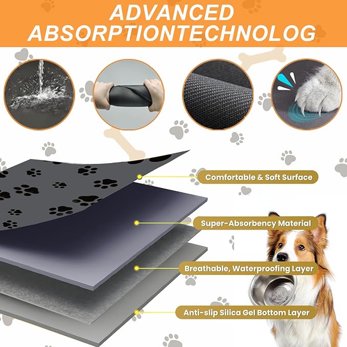 Pet Feeding Mat-Cat Dog Mat for Food and Water Bowl, Absorbent Quick Dry Food Mat Anti-Slip No Stains Dog Placemat with Footprints for Messy Drinkers,12"x20"Dark Grey