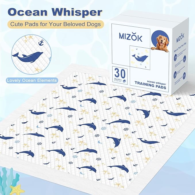 MIZOK Puppy Pads, 36"x36" Dolphin Print Dog Pee Pads Extra Large with Adhesive Tabs, Leak-Proof, 6-Layer Leak-Proof Super Absorbent, Quick-Dry Disposable (30 Count)