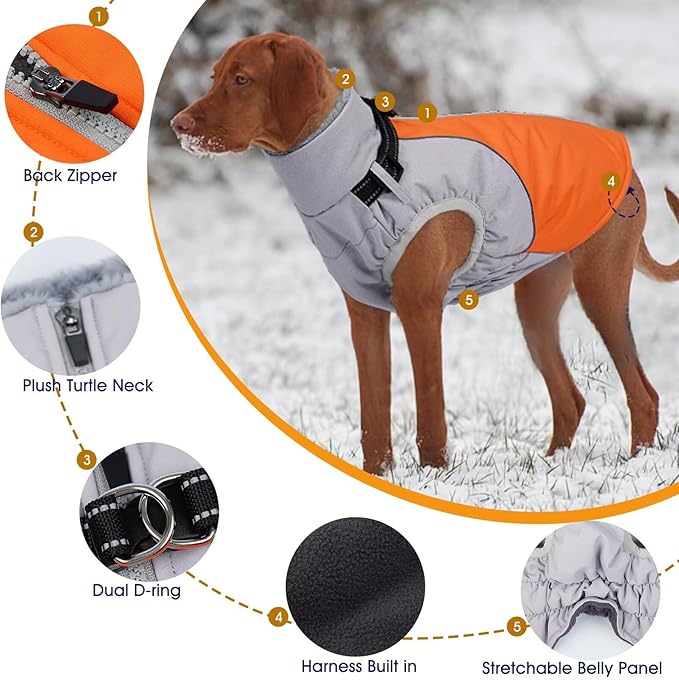 Dog Coat Waterproof,Warm Dog Winter Jacket with Harness Built in Windproof Snow Jakcet with Fleece Lining Reflective Thermal Cold Weather Coats for Large Dogs,Windproof Pet Snowsuit,Orange,L