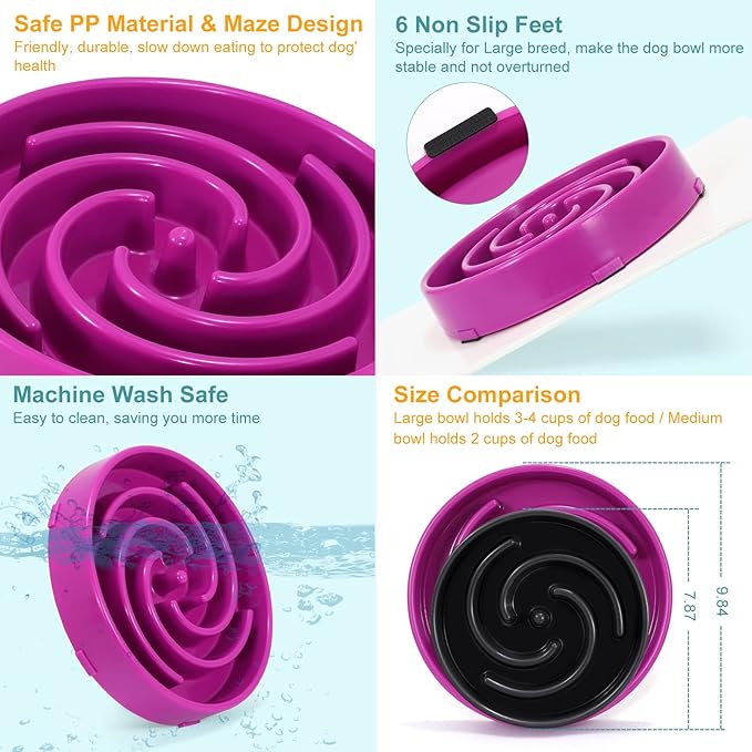 Whippy Slow Feeder Large Dog Bowl - Non Slip Maze Puzzle Bowl for Medium to Large Dogs - Purple