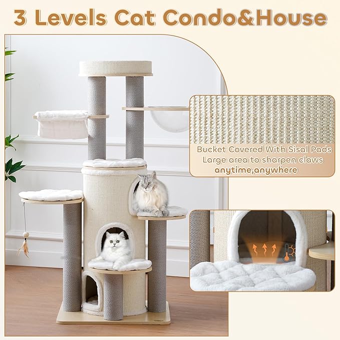 63'' Tall Castle Cat Tree House for Maine Coon,Solid Wood Modern Cat Tower for Indoor Large Cats,Multi-Level Heavy Duty Luxury Cat Condo with Sisal Scratching Post,Perch,Cushion,Hammock for Mult-Cats