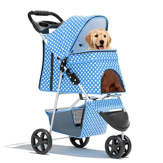 Cat Dog Stroller,3-Wheels Pet Stroller for Medium/Puppy Dogs 30 Lbs, Cat Strollers for 1 Cats, Foldable Dog Stroller with Storage Basket and Cup Holder, Breathable Mesh Blue Polka Dots