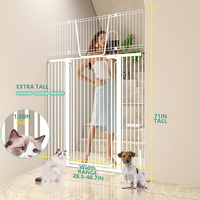 71" Extra Tall Cat Gate for Doorway – 28.5"-48.7" Extra Wide Pet Gate with Adjustable Cat Door Wide,Auto Close, Pressure Mounted, Pet Gate for Cats & Small Dogs, Hallway, Stairs, Kitchen
