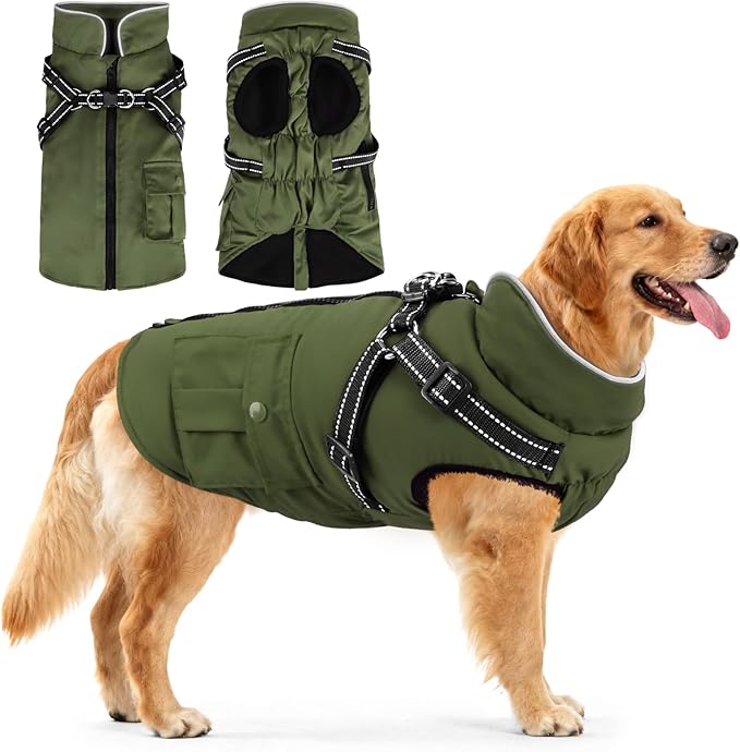 Dog Winter Coat with Harness Built-in | Waterproof Dog Jacket with Zipper & Fleece Lining | Reflective Cold Weather Coat for Small Medium Large Dogs