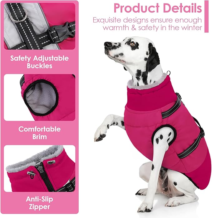 AOFITEE Dog Coat, Warm Dog Jacket with Harness Built-in, Waterproof Medium Dogs Cold Weather Coat with Zipper, Reflective Fleece Lined Pet Snow Jackets for Pug, Jack Russell, Boston Terrier, HotPink M