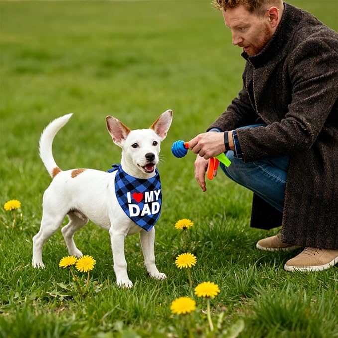 GreenJoy Cute Plaid Dog Bandana – Washable Pet Triangle Scarf for Small, Medium, Large Dogs and Cats, Adjustable Pet Accessory for Birthday, Wedding and Christmas (Blue (I Love My Dad), Large)