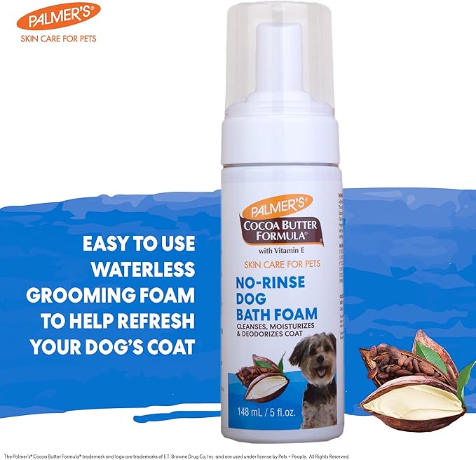 Palmer's for Pets Bath Foam with Cocoa Butter; Waterless Dog Grooming Foam with Vitamin E and Cocoa Butter, Foaming “Dry Shampoo” for Dogs, 5 Fl Ounces
