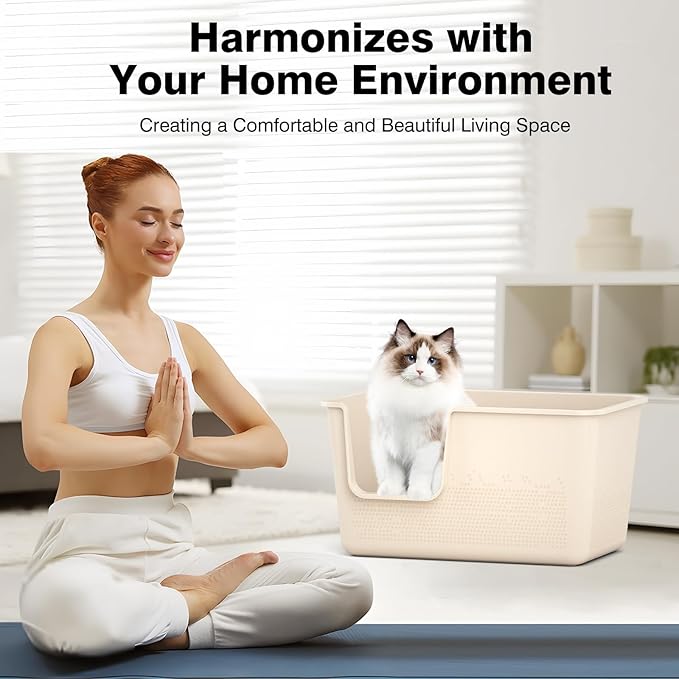 Extra Large High Sided Cat Litter Box - 24.8" L x 11.4" W x 13.0" H, XL Jumbo Kitty Litter Box for Big Indoor Cats, Tool-Free Assembly (Beige)