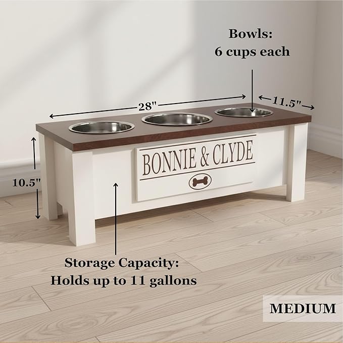 GrooveThis Woodshop - Personalized Elevated Triple Dog Bowl Stand for Large, Medium, Small, X-Small Dogs - 3 Stainless Steel Food and Water Bowls - Raised Dog Dish with Internal Storage (Medium, Blue)