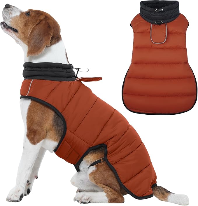 IDOMIK Waterproof Dog Winter Coat, Reflective Warm Dog Puffer Jacket with Harness Hole, Adjustable Lightweight Snow Jacket with Turtleneck, Pet Cold Weather Coats for Large Dogs,Caramel,XL
