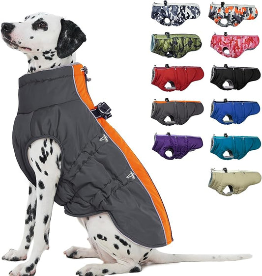 Dog Coat - Large Dog Winter Jacket, Warm Zip Up Snowsuit, Reflective, Water-Resistant, Orange-Gray