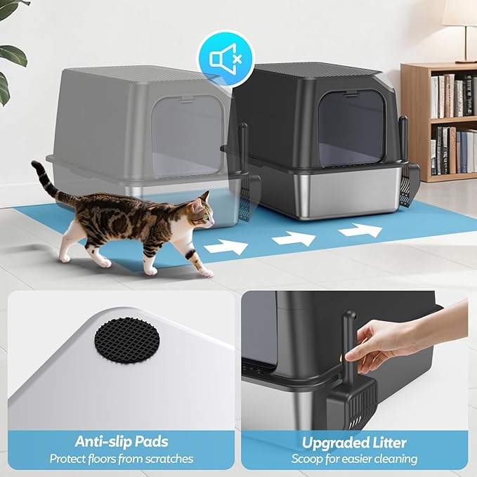 Enclosed Stainless Steel Cat Litter Box with Lid, XL Extra Large Litter Box for Big Cats, Metal Litter Pan High Sided, Never Absorbs Odors, Anti-Urine Leakage, Include Scoop (Dark Grey)