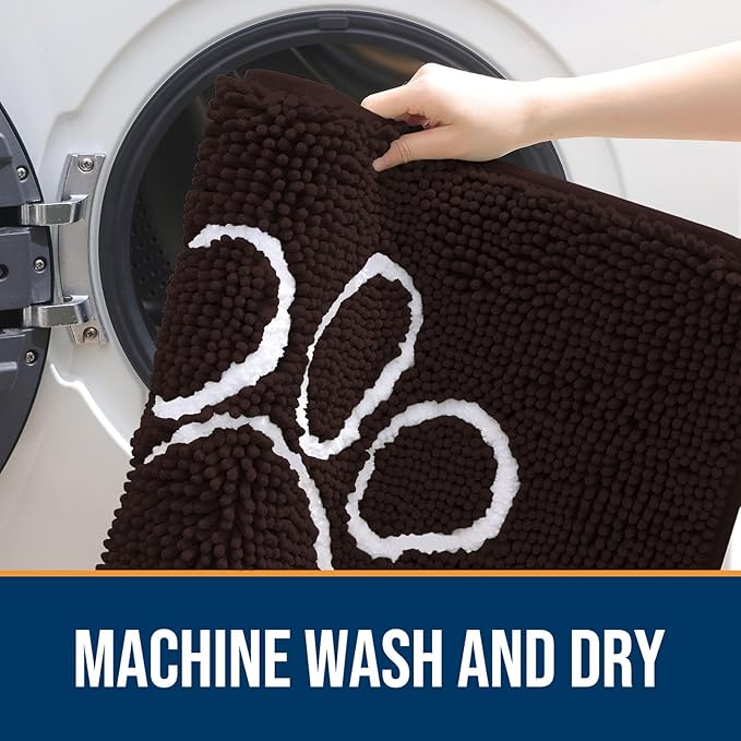 OLANLY Dog Door Mat for Muddy Paws 47x24, Paw Print Design, Absorbs Moisture and Dirt, Absorbent Non-Slip Washable Doormat, Quick Dry Chenille Mud Mat for Dogs, Entry Indoor Entryway Carpet, Brown