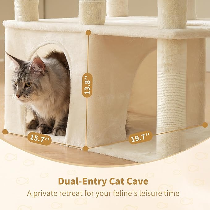 Heybly Cat Tree, 71-Inch Tall Cat Tower for Large Maine Coon Cats with Extra-Large Baseboard, Cat Condo Furniture with Multi-Level Platforms, 2 Hammocks and 12 Scratching Posts, Beige HCT037M