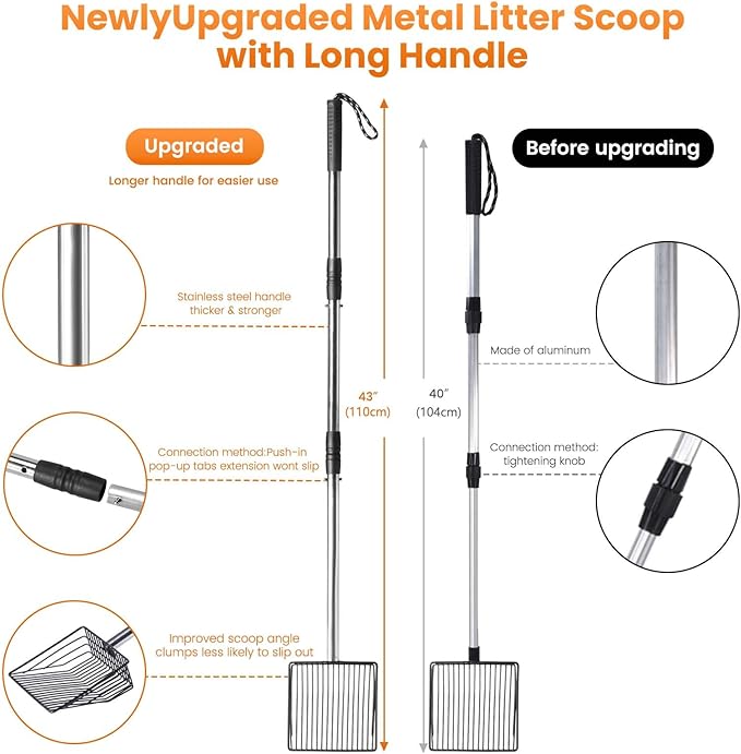 Cat Litter Scoop 43 inch Metal Litter Scooper with Stainless Steel Long Handle, Upgraded Large Kitty Box Scooper Heavy Duty Deep Shovel for Fast Sifting, Dog Waste Scooops for Outside Pet Poop