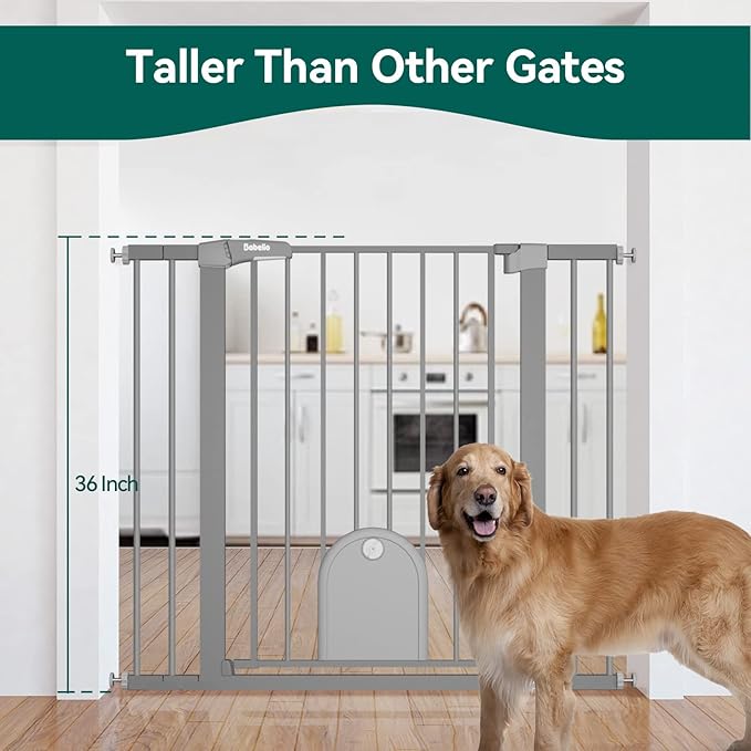 Babelio 36" Tall Auto Close Baby Gate with Cat Door,29-43" Metal Gate for Doorway,Stairs,House,Easy Walk Thru with pet Door,Includes 4 Wall Cups and 3 Extension Pieces,Gray