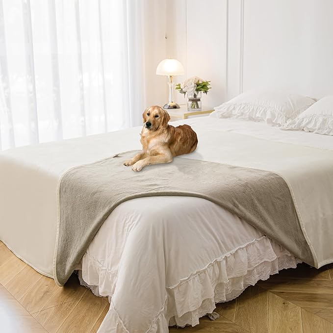 Waterproof Blanket for Bed Protection, Washable Dog Blankets for Couch, Soft Reversible Pet Throw Furniture Protector Cover for Sofa-82"x108",Beige+Khaki