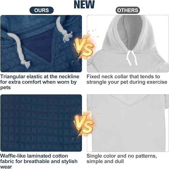 BEAUTYZOO Small Dog Hoodie Sweater with Pockets, Dog Clothes for Small Medium Dogs Boy Girl, Waffle-Like Laminated Cotton Pet Coats with Hat and Leash Hole, Navy Blue XS