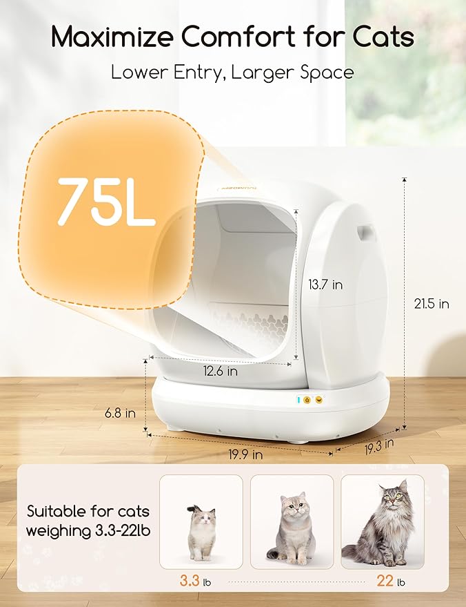 MeoWant Self-Cleaning Cat Litter Box, 75L Extra Large Open Automatic Cat Litter Box for Multi Cats, Integrated Safety Protection, APP Control, Odor Removal, Includes Mat & Liner