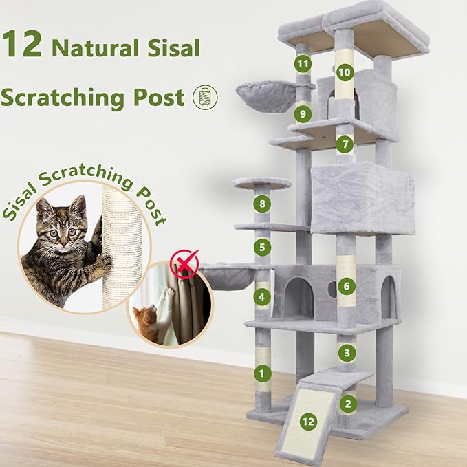 84.6in Cat Tree, Patent Fabric Multilevel Cat Tower for Adult Cats, Climbing Tree House and Towers with Condo Hammock Scratching Post Large Platform Wide Base (Light Gray, 84 in)
