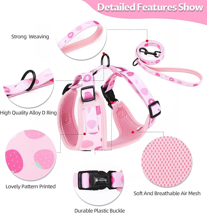 Dog Harness and Leash Set, Adjustable Dog Harness, Dog Leash, No Pull No Choke Puppy Harnesses for Walking Training for Small Medium Pet (Strawberries, M(Chest 15.7-22.1", Neck 12-15"))
