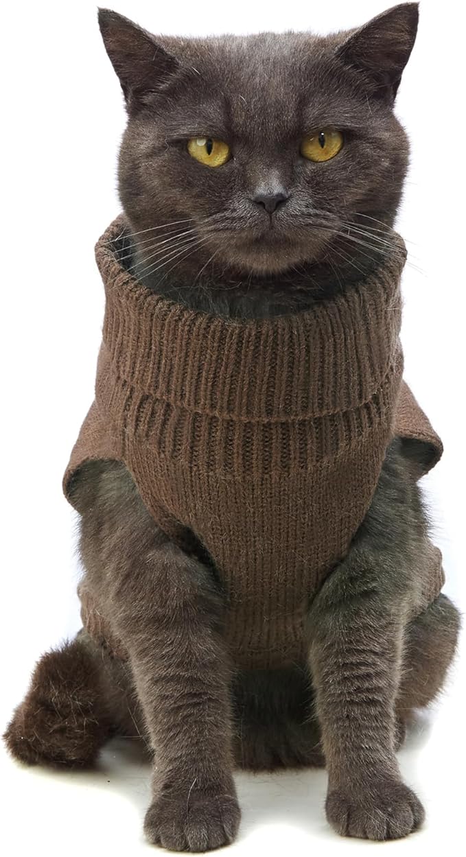 Stretchy Cat Sweater - 17 Colors & 6 Sizes | Snug Winter-Ready Knit for Boy/Girl Cats & Kittens(Brown, Small)