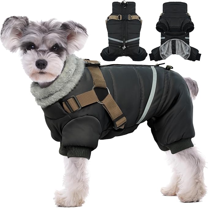BRKURLEG Black Dog Coat with Harness, Dog Winter Jacket, Dogs Onesie Body Warm Jackets, Small Dogs Winter Coats Reflective Windproof Warm Cold Weather Coats, Pet Waterproof Jacket Hiking M