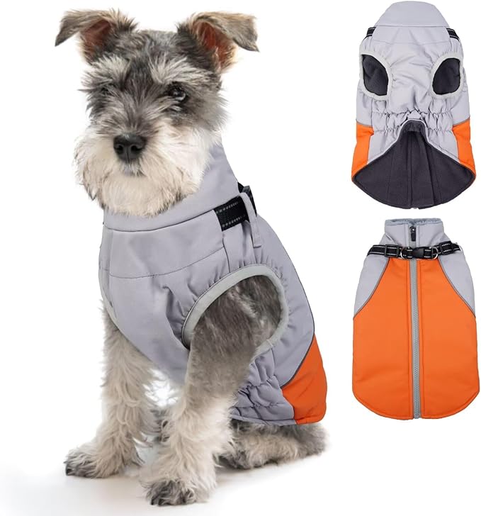 Dog Coat with Harness Built in,Water-Repellent Dog Jacket Christmas Puppy Winter Coat with Reflective,XS Doggy Winter Jacket with Zipper,Soft Pet Fleece Snow Jacket for Small Dogs,Orange,XS