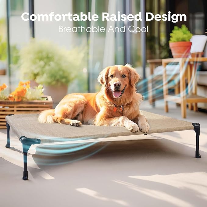 Veehoo Outdoor Elevated Dog Bed for Small Dogs, Cooling Raised Dog Cots Beds Training Platform Off Ground Hammock with Breathable Mesh, No-Slip Feet, 22"x17", Beige Coffee