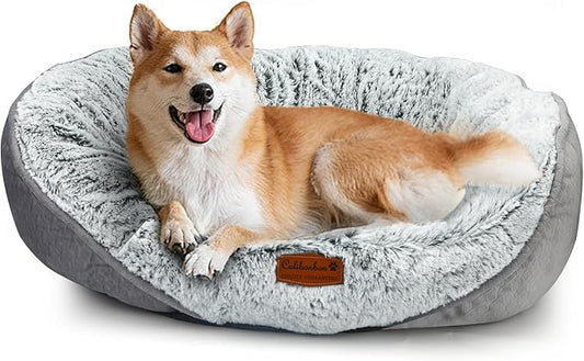Long Fur Pet Bed for Medium Dogs, Plush Cat Bed with Bolster, Machine Washable Dog Bed with Non-Slip Waterproof Bottom, Orthopedic Support for Warmth & Security, 25x22 Inches
