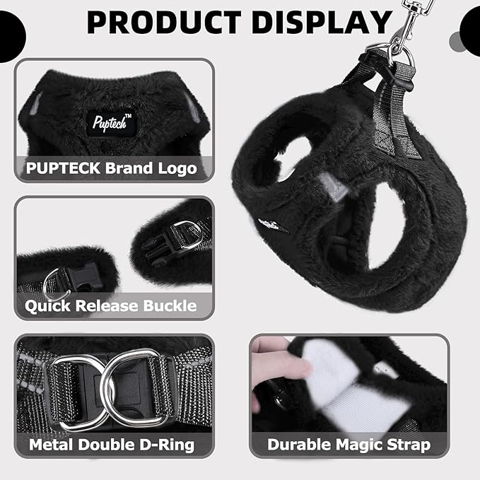 PUPTECK Adjustable Dog Harness Collar and Leash Set Step in No Pull Pet Harness for Small Medium Dogs Puppy and Cats Outdoor Walking Running, Soft Mesh Padded Reflective Vest Harnesses, Black S