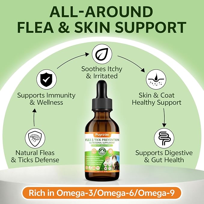 Natural Flea and Tick Prevention for Cats, 60 ML Herbal Formula with Multivitamins, Pumpkin Seed, Flea Treatment for Cats Kittens Supplement Drops - Immune, Skin & Coat Support