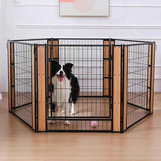 Heavy Duty Dog Playpen 35.4 Inch Height - Indoor Outdoor Pet Fence Enclosure for Medium and Small Dogs - Foldable Puppy Exercise Pen for Indoor and RV Camping or Yard (6 Panels, 35.4" H (Oak))