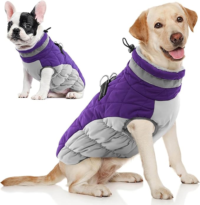 AOFITEE Dog Coat, Warm Dog Winter Coat, Reflective Turtleneck Large Dogs Jacket with Harness Built in, Turtleneck Pet Winter Jacket, Waterproof Pet Snow Jackets Fleece Vest, Purple XL