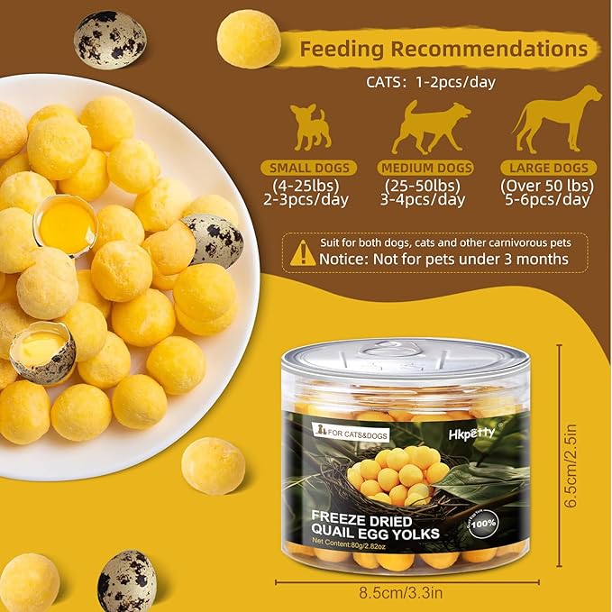Freeze Dried Cat and Dog Treats Quail Egg Yolk, Healthy Tasty Snacks for Cats Dogs Training, Natural Freeze-Dried Limited Ingredient,Wholesome and Delicious Snacks for Pets (S, Quail)
