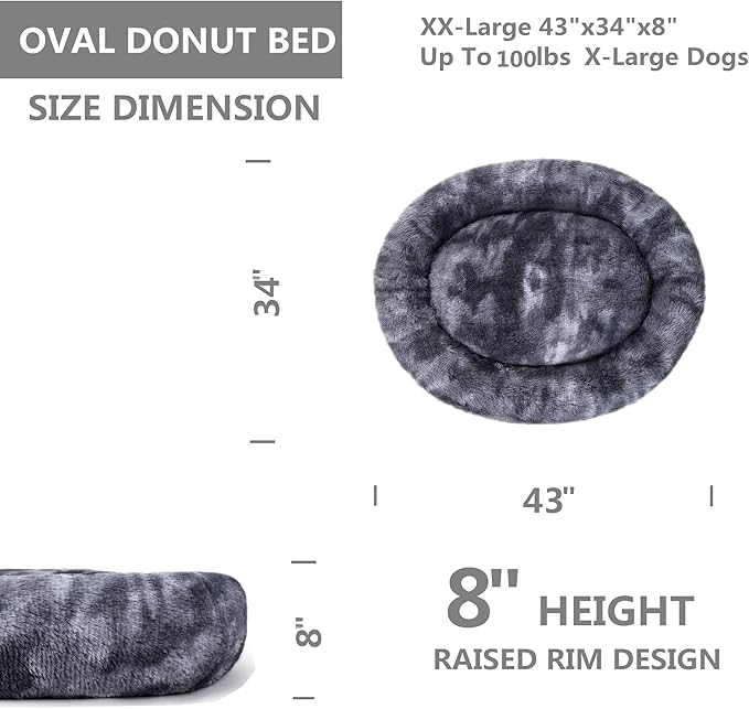 Coohom Oval Calming Donut Cuddler Dog Bed,Shag Faux Fur Cat Bed Washable Round Pillow Pet Bed(30"/36") for Small Medium Dogs (XXL(43"x34"x8"), Grey2021)
