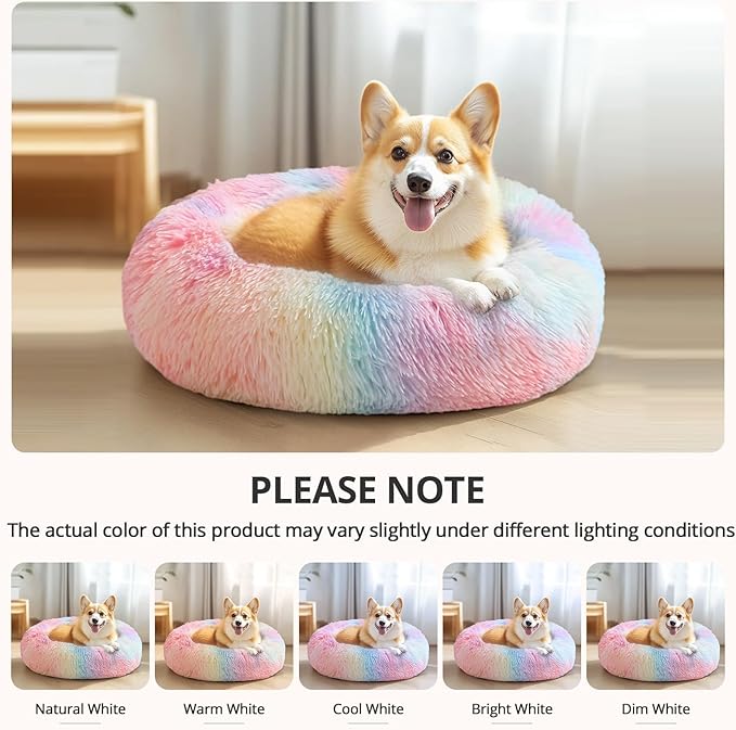 JOLLYVOGUE Medium Calming Dog Bed, Anti-Anxiety Donut Cuddler Cat Bed with Anti-Slip Bottom, Fluffy Faux Fur Machine Washable Pet Cushion for Medium Large Dog & Cat, 31"/Rainbow