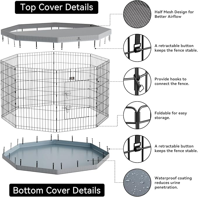 PJYuCien Dog Playpen, 8 Panels 36”H Dog Playpen Indoor with Grey Bottom Pad and Top Cover, Metal Foldable Dog Pen for Indoor Use, Better for Small Medium Animals, Grey